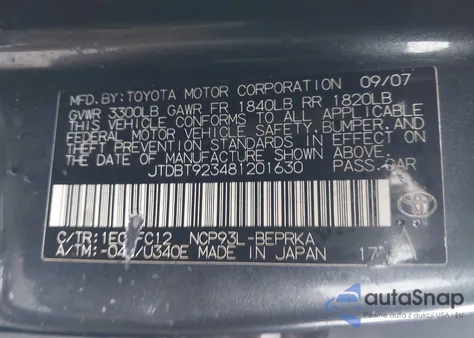 2008 Toyota Yaris from USA, damaged, VIN JTDBT923481201630